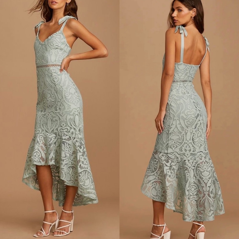 Sage Lace Crochet Tie-Strap High-Low Midi Dress 🌿